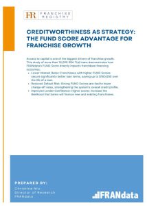 FRANdata FUND Score franchise loan performance chart showing charge-off rates by risk tier across 18000 SBA 7a loans