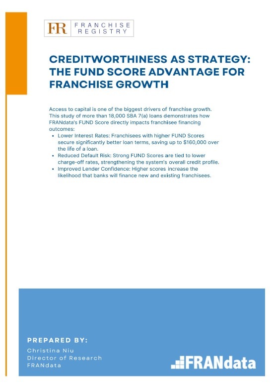 FRANdata FUND Score franchise loan performance chart showing charge-off rates by risk tier across 18000 SBA 7a loans